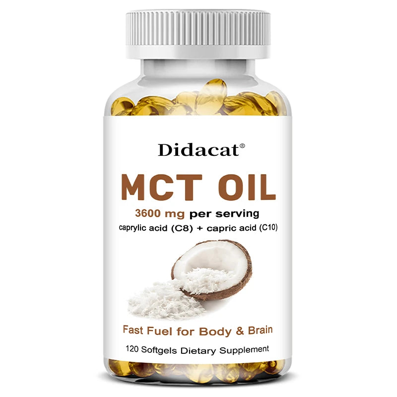 MCT Oil Capsules 30/60/120 Softgels, 3600mg Per Serving, C10 & C8 Brain Fuel, Energy, Weight Management, Non-GMO Supplement