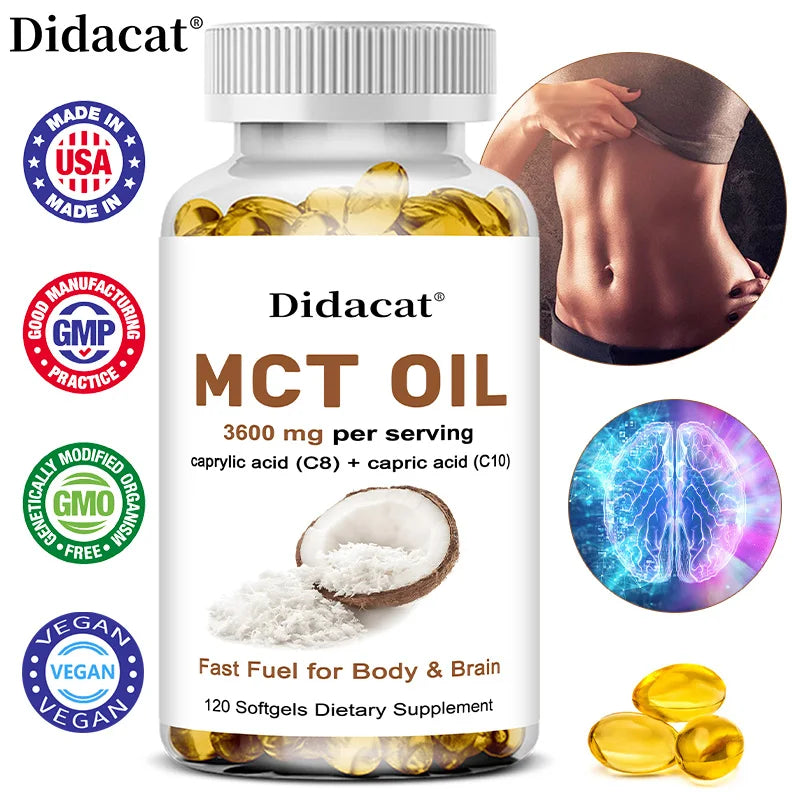 MCT Oil Capsules 30/60/120 Softgels, 3600mg Per Serving, C10 & C8 Brain Fuel, Energy, Weight Management, Non-GMO Supplement