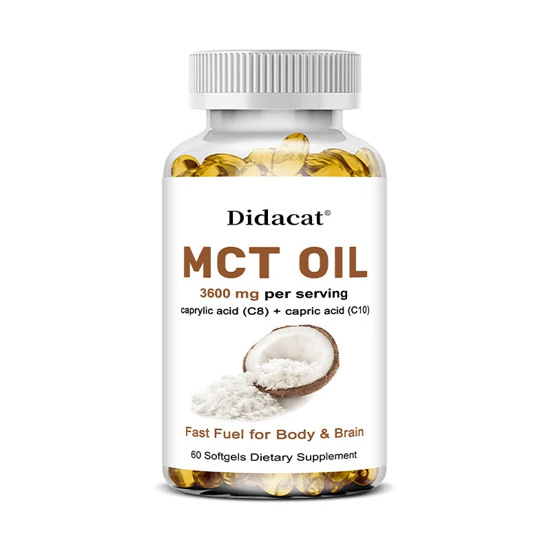 MCT Oil Capsules 30/60/120 Softgels, 3600mg Per Serving, C10 & C8 Brain Fuel, Energy, Weight Management, Non-GMO Supplement