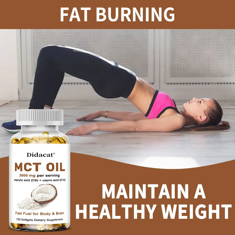 MCT Oil Capsules 30/60/120 Softgels, 3600mg Per Serving, C10 & C8 Brain Fuel, Energy, Weight Management, Non-GMO Supplement