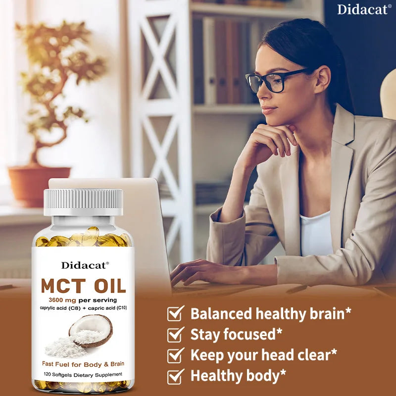 MCT Oil Capsules 30/60/120 Softgels, 3600mg Per Serving, C10 & C8 Brain Fuel, Energy, Weight Management, Non-GMO Supplement